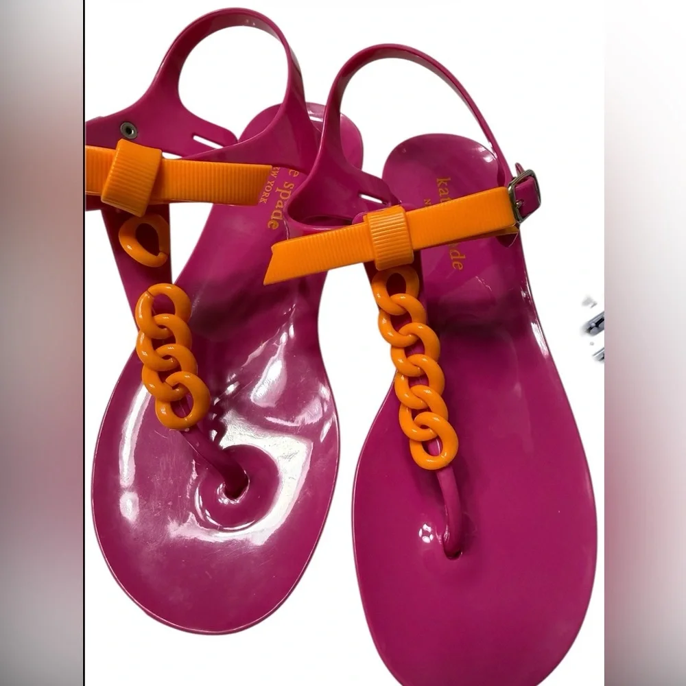 KATE SPADE NEW YORK JELLY SANDALS SIZE 5 PINK ORANGE BOW CHAIN ANKLE STRAP FLATS - Picture 3 of 10